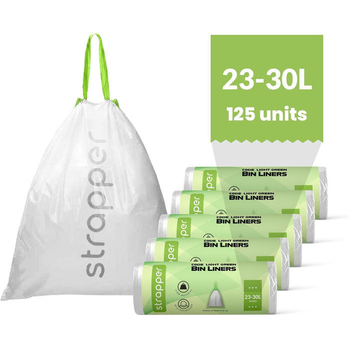 Сміттєві пакети Strapper 125 світло-зелені Підходять для сміттєвих баків Brabantia з кодом G та сміттєвих баків Simplehuman з кодом D 23-30 літрів світло-зелені - 23-30 л 125 шт. (1 упаковка)