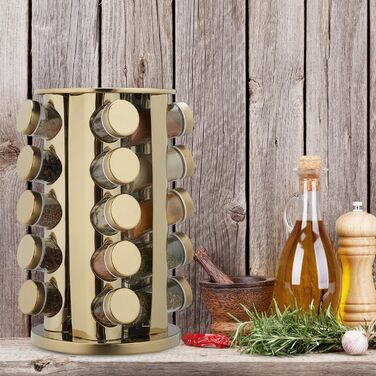 Підставка для спецій Relaxdays з 20 баночками для спецій, зі вставкою-шейкером, поворотна на 360, карусель для спецій, нержавіюча сталь, золотий/прозорий