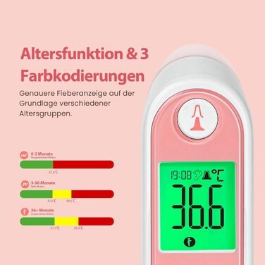 Вушний термометр для немовлят, вушний медичний термометр з точністю віку та кольоровим відображенням температури, цифровий інфрачервоний термометр з 21*одноразовими захисними ковпачками (рожевий)