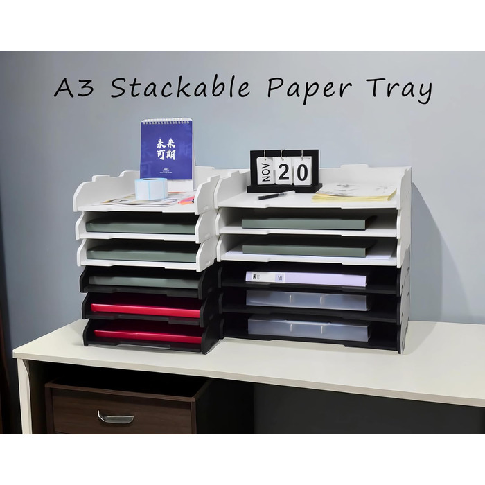 Штабельований лоток для паперу, A3, 3 рівні, настільний органайзер для офісного приладдя, зберігання файлів, органайзер для листів, папка для файлів A3, для дому або офісу, школи, білий (альбомний формат, білий, 3 рівні) 32 x 22 x 46,5 см