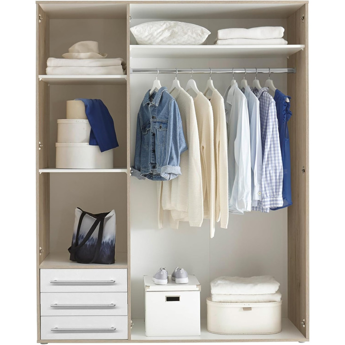 Шафа LYSS, біла з шухлядами - Універсальна 3-дверна шафа для спальні білого кольору, ефект дуба Сан-Ремо - 155 x 194 x 58 см (Ш/В/Г) Ширина 155 см Білий дуб Сан-Ремо