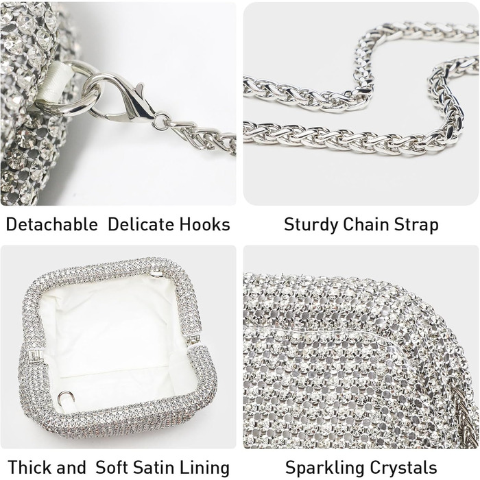 Блискуче клатч-слюда для жінок, сяюча вечірня сумочка з діамантовими пухнастими кульками для вечірок та весіль, світле срібло