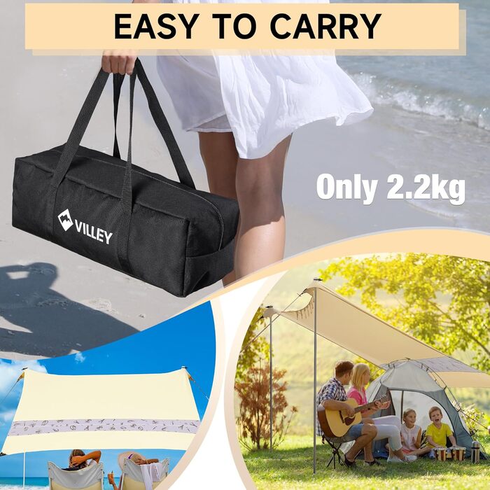 Сонячний намет VILLEY 2 м x 2,4 м, хакі, пляжний намет з лайкри з захистом від ультрафіолету UPF50 для 3 осіб, пляжна парасолька з мішком з піском та 2 опорними жердинами для пікніків, риболовлі, сонцезахисний, хакі