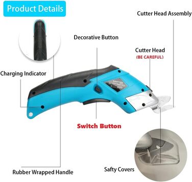 Електричні ножиці, акумуляторний універсальний різак, акумуляторний різак килимовий ніж електричний 4 В акумуляторні ножиці для шкіри горщик рослина килим бавовняна тканина картон - 1 ріжучі леза (сині)