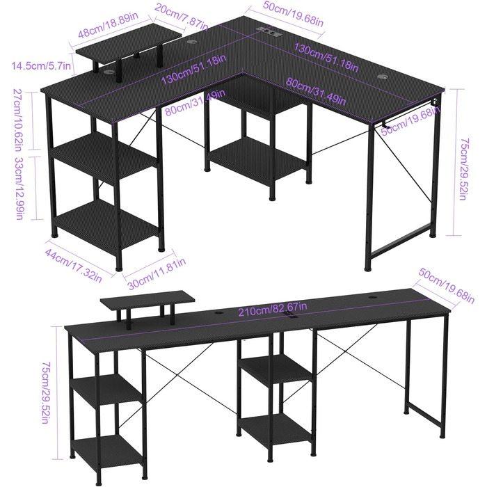 Ігровий стіл 210 x 50 см з розеткою та USB-портом, 3 варіанти встановлення, L-подібний ігровий стіл з полицею для монітора, ігровий стіл для ПК з карбоновою поверхнею