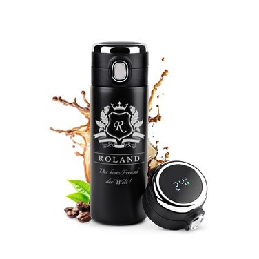 Пляшка для води Maverton з гравіюванням 400 мл - Герметична 100 водонепроникна термокружка - Сенсорний світлодіодний дисплей - Термос з нержавіючої сталі - Для чоловіків - Подарунки на день народження - Різдвяні подарунки - Чорна - Літера