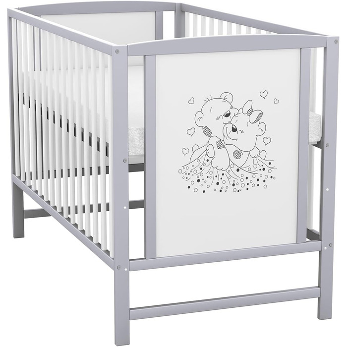 Дитяче ліжечко Baby Delux 60x120 біло-сіре з матрацом ведмежий мотив з перекладинами