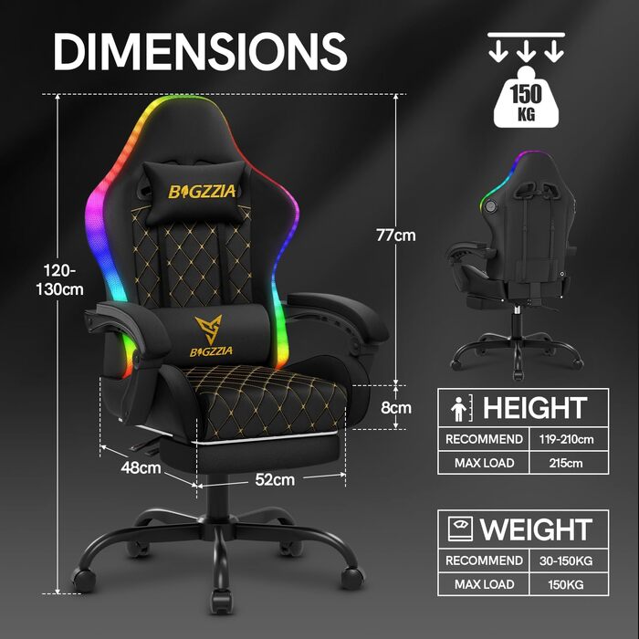 Ігрове крісло з RGB LED та Bluetooth-динаміком, ергономічне ігрове крісло з підставкою для ніг, підголівником, поперековою опорою, кутом нахилу 90135, ПК-крісло для підлітків та дорослих (чорне) Чорний колір зі світлодіодним підсвічуванням та Bluetooth