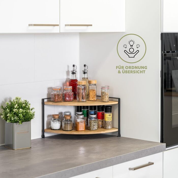 Кутова полиця для спецій eluno з бамбуковими полицями та захистом від подряпин, окремостояча кутова полиця для кухні, універсальний органайзер для більшого простору та порядку - комбінація матеріалів бамбук та метал (чорний)