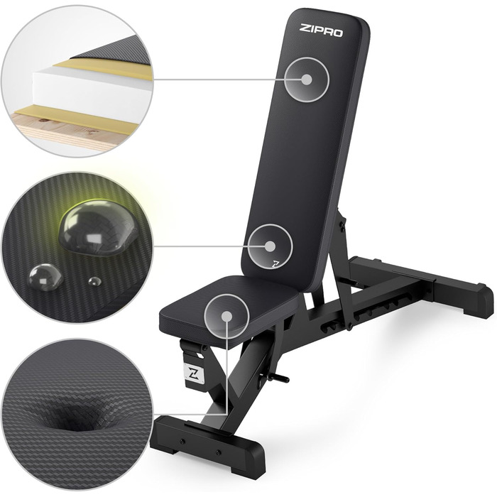 Регульована лава ZIPRO Pumpiron, лава для штанги з вантажопідйомністю 350 кг, фітнес-лава з 8-позиційною регульованою спинкою, 3-позиційне регульоване сидіння, тренувальна лава для дому або спортзалу, лава для сидячих пресів
