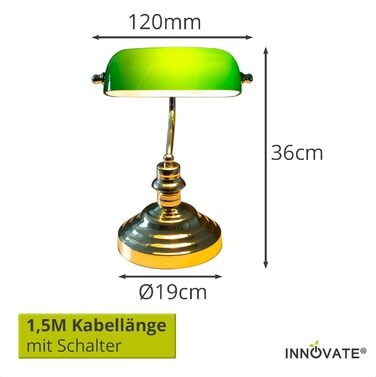 Зелений офісна лампа висотою 36 см E27 англійська ретро настільна лампа латунь кабель 1,5 м з тумблером і євровилкою абажур бібліотеки акрилове скло зелений