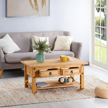 Журнальний столик CARO Furniture IDIMEX Salsa, масив сосни, дві шухляди та полиця, натуральний колір