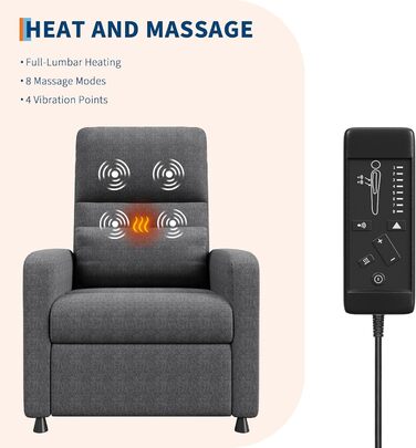 Крісло-реклайнер Acekool, масажне крісло, крісло для телевізора з електричним регулюванням та функцією відкидання, функція масажу та підігріву, крісло для читання, крісло для телевізора, крісло для вітальні, сіре електричне крісло-реклайнер