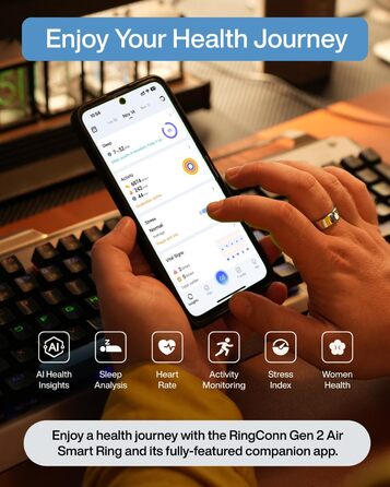 Надтонке смарт-кільце зі штучним інтелектом, 10-денний час роботи від батареї, трекер сну/стресу/серцевого ритму, смарт-кільця для чоловіків, водонепроникність IP68, сумісність з iOS та Android (Galaxy Silver, 8) 8 Silver, 2 Air