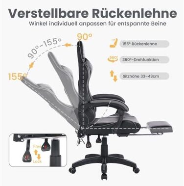 Геймерське крісло з функцією масажу та підставкою для ніг - Ергономічне офісне крісло, вантажопідйомність 150 кг, підтримка голови та попереку, регулювання висоти, поворот на 360, гоночний дизайн чорний/сірий, 116,5 x 52,0 x 64,5 см