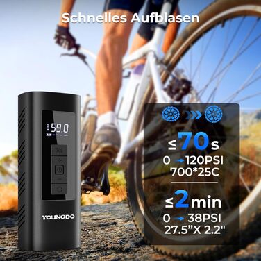 Електричний повітряний насос YOUNGDO, велосипедний компресор, 170x69x50 мм, 10.3 бар / 150 PSI, пластик/метал, чорний