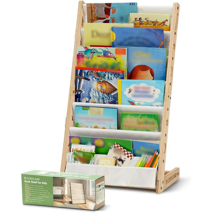 Дитяча книжкова полиця COSYLAND з 6 полицями з тканини Оксфорд - Дитяча книжкова полиця з натурального дерева - Дитяча книжкова полиця з закругленими кутами та компактна, 42Д x 30Ш x 76В см (колір натурального дерева, середній)