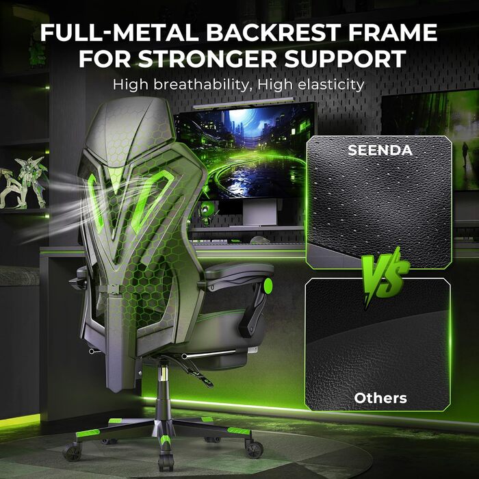 Ергономічне ігрове крісло Seenda GCP-25 з масажем офісне крісло з високою спинкою, кутом нахилу 135, з підставкою для ніг, з повітропроникною сітчастою тканиною та вантажопідйомністю 150 кг, безшумними колесами для використання на столі