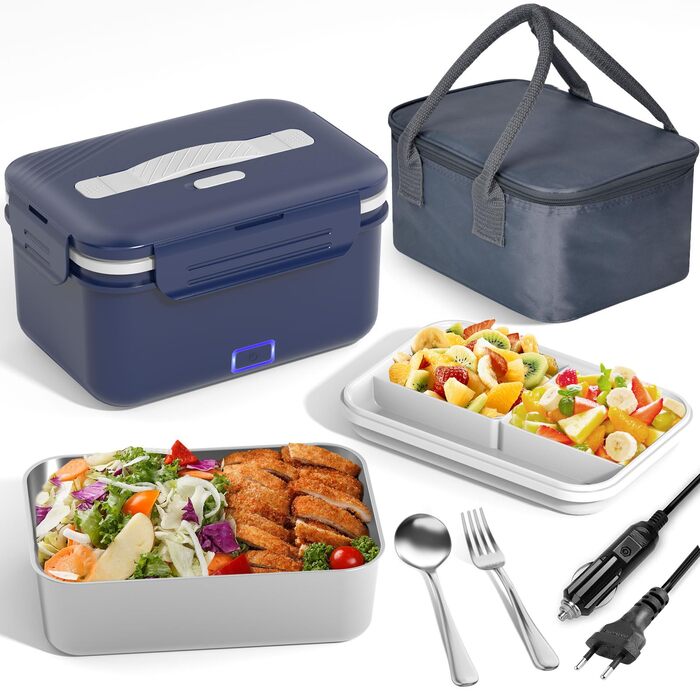 Електричний ланч-бокс потужністю 100 Вт для дорослих, термобокс 3-в-1 12/24/220 В зі столовими приборами та ізольованою сумкою для ланчу, герметичний, великий контейнер об&39ємом 1,8 л, ланч-бокс з відділеннями для автомобіля, вантажівки, офісу, темно-син