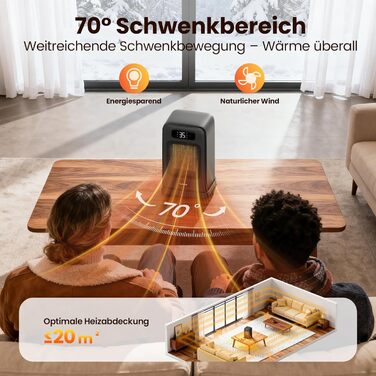 Енергозберігаючий керамічний вентилятор-обігрівач PTC потужністю 1500 Вт, тихий, електричний нагрівач діаметром 26 см з термостатом та пультом дистанційного керування, режим ECO, коливання 70, таймер 12 годин, захист від перегріву та перекидання - чорний 