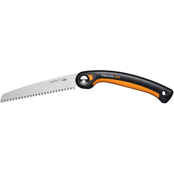 Складна пила Fiskars Plus, для товстих колод і гілок, 3 положення різання, гостре лезо з електроприводом, груба зубчастість, довжина леза 21 см, чорний/помаранчевий, пила SW69, 1067553 (полотно 20 см)