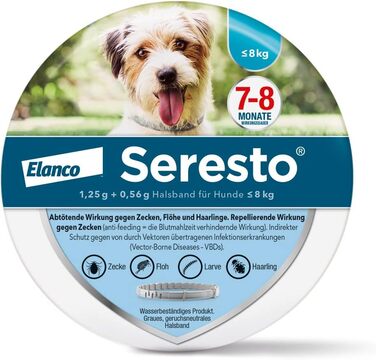 Нашийник Seresto Elanco для маленьких собак вагою до 8 кг 7-8 місяців ефективного захисту від кліщів та бліх, довжина 36 см, 1,25 г 0,56 г