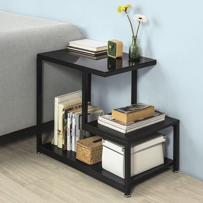 Журнальний столик зі скляною стільницею, журнальний столик, скляний стіл з 3 полицями, чорний, розміри Ш/В прибл. 65x55x35 см, Black-fbt65-sch, 65-SCH