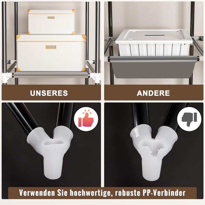 Шафа, тканинна шафа з 4 рейками для одягу, міцна та з 8 відділеннями, складна гардеробна шафа для зберігання одягу в гардеробній спальні (сіра)