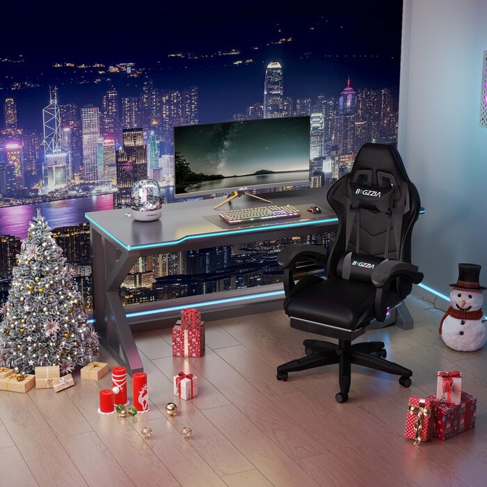 Ігрове крісло bigzzia з підставкою для ніг - Ергономічне ігрове крісло з поперековою подушкою підголівником, регульоване за висотою комп&39ютерне крісло для дорослих, дівчаток та хлопчиків (чорне) Чорний колір з підставкою для ніг