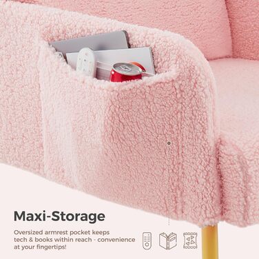 Крісло Mondeer, одномісний диван з бічною кишенею та металевими ніжками, зручна тканина зі штучної овчини, сучасний, для вітальні, спальні, кабінету, 63 x 75 x 75 см, рожевий.