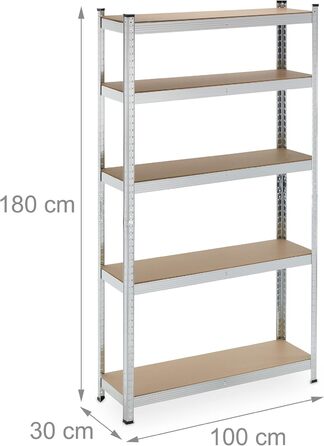 Полиця для зберігання Relaxdays для важких умов експлуатації, 5 ярусів, висота та ширина 180x100x30 см, вантажопідйомність 500 кг, сталь, для підвалу та гаража, сріблястий колір