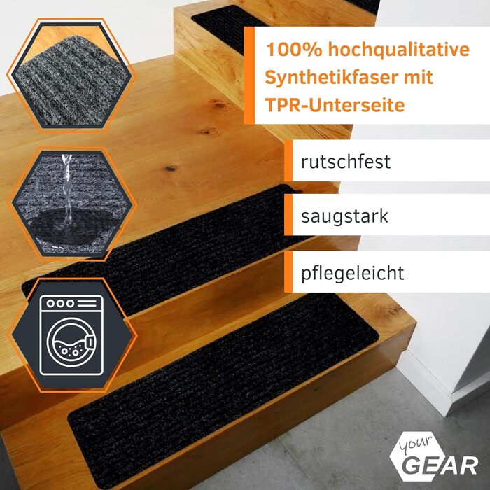 Самоклеючі сходинки GEAR 76x20 см 15 шт. світло-сірі нековзні, миючі килимки для сходів протиковзкий килимок для сходів, ріжучий сучасний сірий захист для сходів у приміщенні 15 шт.