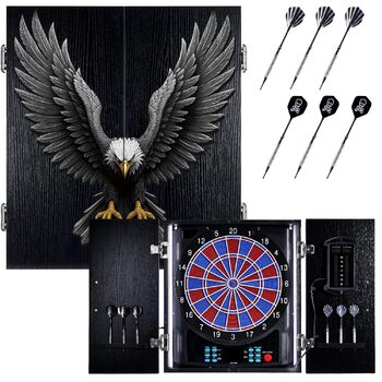 Електронна мішень для дартсу, декоративна шафа для електронної міші для дартсу 6 бронзових дротиків з м&39якими наконечниками, індивідуальне підсвічування для кожного гравця, професійна електронна мішень для дартсу з дерев&39яними дверцятами шафи, дизайн 
