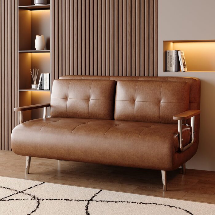 Диван-ліжко під шкіру, сучасний 2-місний диван з функцією сну, диван-ліжко з розкладним матрацом, універсальний диван-ліжко для віталень, спалень та невеликих кімнат, коричневий (150 см)