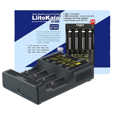 Швидкий зарядний пристрій Liitokala Lii-600 з РК-дисплеєм та сенсорним керуванням, 4-слотовий швидкий зарядний пристрій для акумуляторів 18650 з адаптером 12V 5A для Li-Ion/Ni-MH/Ni-Cd 14500 21700 AA AAA тощо.