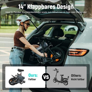 Складаний електровелосипед ESKUTE F100, 14-дюймовий електричний велосипед із USB-портом для зарядки мобільних телефонів, 250 Вт, що відповідає стандартам ЄС, вбудований акумулятор 36 В 9 Аг, запас ходу до 35-60 км, темно-сірий