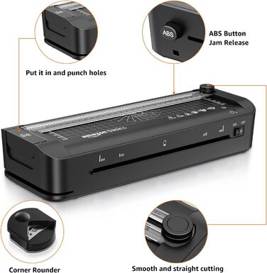 Термоламінатор Storeo Basics 3-в-1 для паперу A4, з функціями різання, перфорації та заокруглення кутів, включає 10 чохлів, штекер ЄС, чорний A4 Нова колекція Одинарний