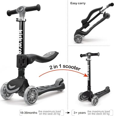 Дитячий самокат Kicknroll 3 роки, складаний самокат, 4 регульовані висоти, 3 світлодіодні колеса, протиковзка палуба 50 кг, дитячи