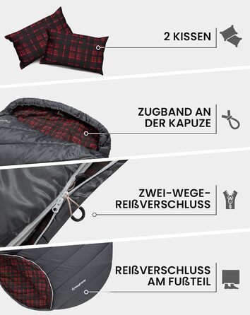 Подвійний спальний мішок KingCamp, бавовняний фланелевий зимовий спальний мішок для 2 осіб, тепла ковдра-спальний мішок, 3-4 сезони з 2 фланелевими подушками для дітей та дорослих, кемпінг, подорожі та активний відпочинок, довгий - сірий