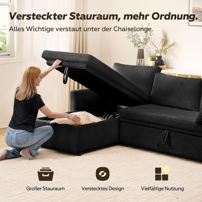 Кутовий диван з функцією сну, вельветова оббивка, L-подібний розкладний диван, розкладний диван, висувний диван з місцем для зберігання речей, двосторонній шезлонг (лівий та правий), чорний