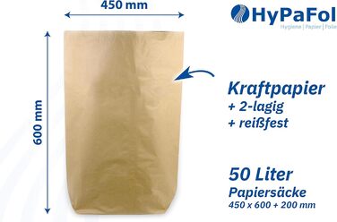Паперові сміттєві пакети Hypafol Bio, 50 шт. Біорозкладні коричневі пакети для органічних відходів для компостування, органічних відходів та інших відходів Без пластику 2-шарові, місткість 50 л 450x600200 мм