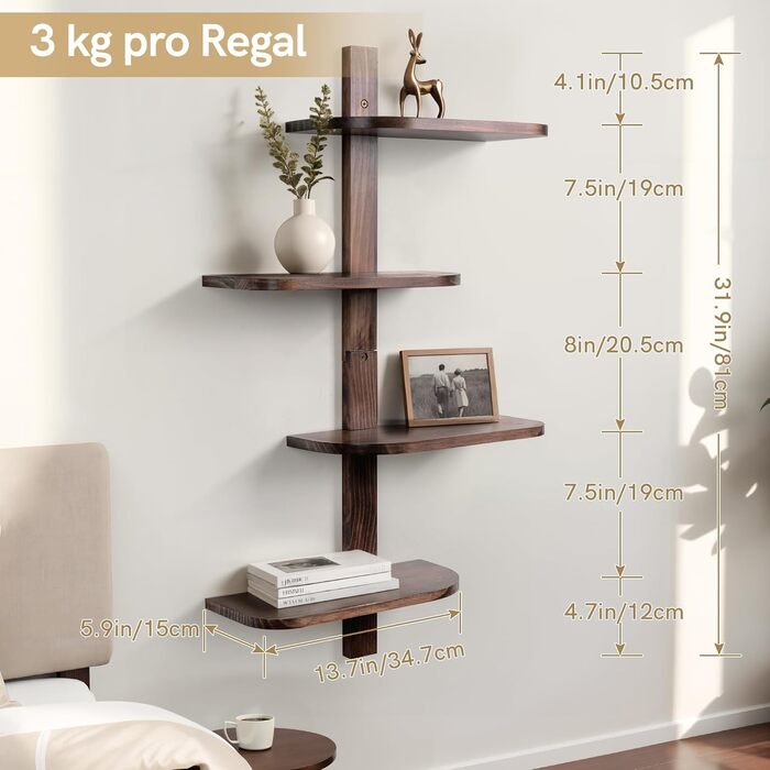 Настінна полиця Afily Vintage Wooden Wall Shelf, 4 рівні вертикальна плаваюча полиця коричневого кольору із закругленими кутами, компактна підвісна полиця з масиву дерева, настінний декор для ванної кімнати, кухні, вітальні