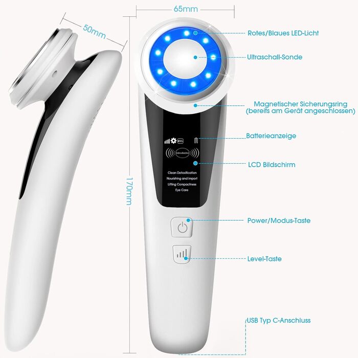 Ультразвуковий апарат Косметичний масажер для обличчя з глибоким очищенням, іонною терапією, підтяжкою обличчя, доглядом за очима, 2 світлотерапіями, термотерапією, мікровібраціями для підтяжки шкіри, омолодженням 03 Ультразвуковий апарат для обличчя