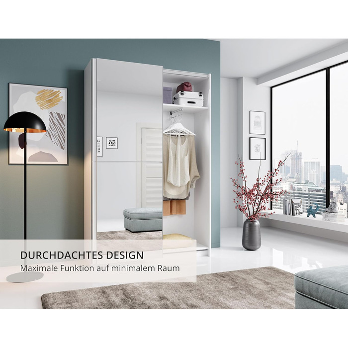 Елегантна шафа/гардеробна з дзеркальними дверима та великою кількістю місця для зберігання - Універсальна шафа з розсувними дверима білого кольору - 125 x 195 x 38 см (Ш/В/Г) Біла з дзеркалом, одинарна