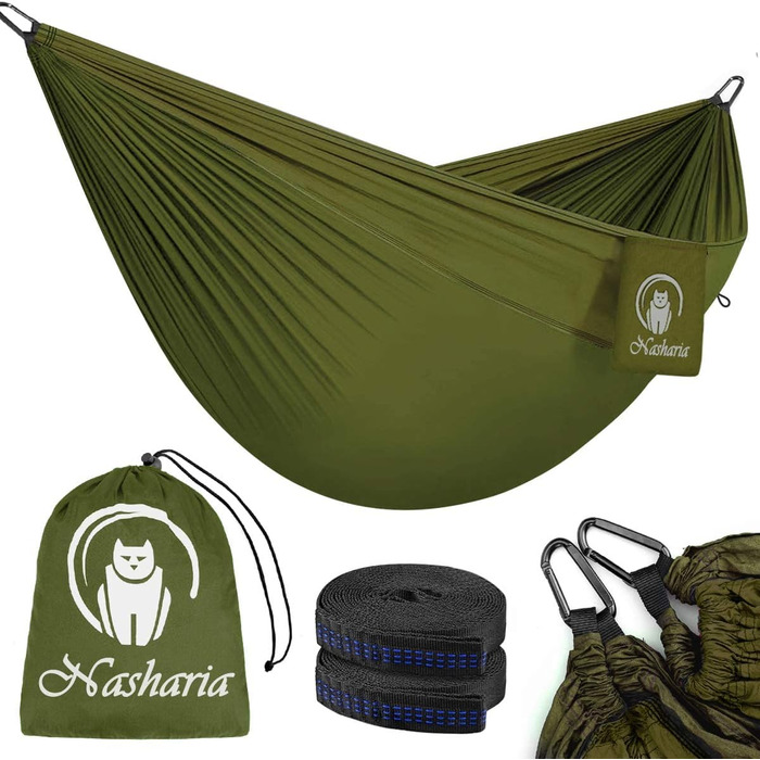 Туристичний гамак Nasharia Camping - 275 x 140 см дихаючий, швидковисихаючий нейлоновий спінінг 210T - Матеріал парашута - 2 x карабіни преміум-класу, 2 x нейлонові стропи Для відкритого кімнатного саду