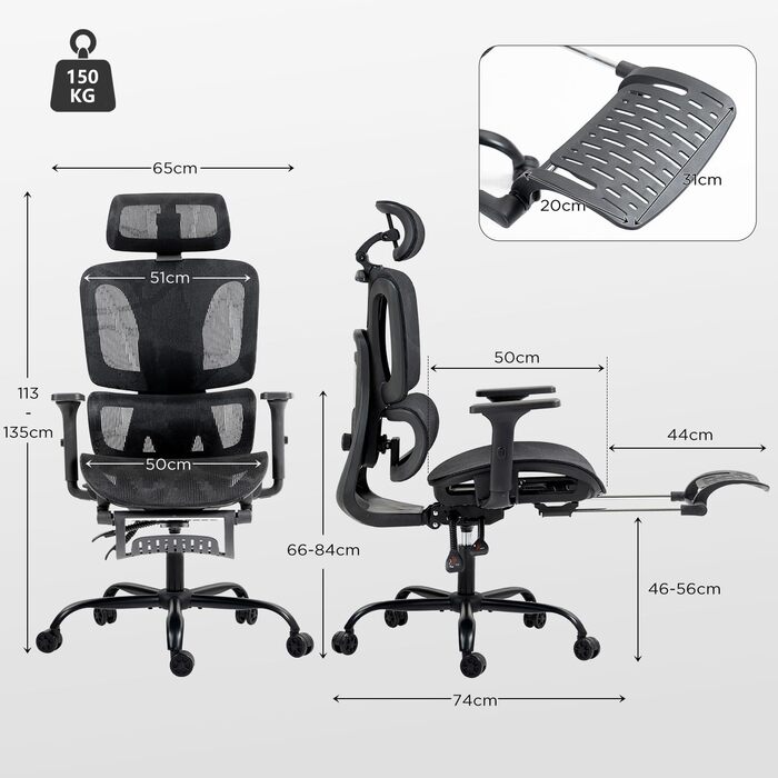 Ергономічне офісне крісло EROMMY з підставкою для ніг 3D-підголівник та регульовані підлокітники Регульоване по висоті робоче крісло з поперековою опорою Поворотне крісло з дихаючої сітки для домашнього офісу та ігор