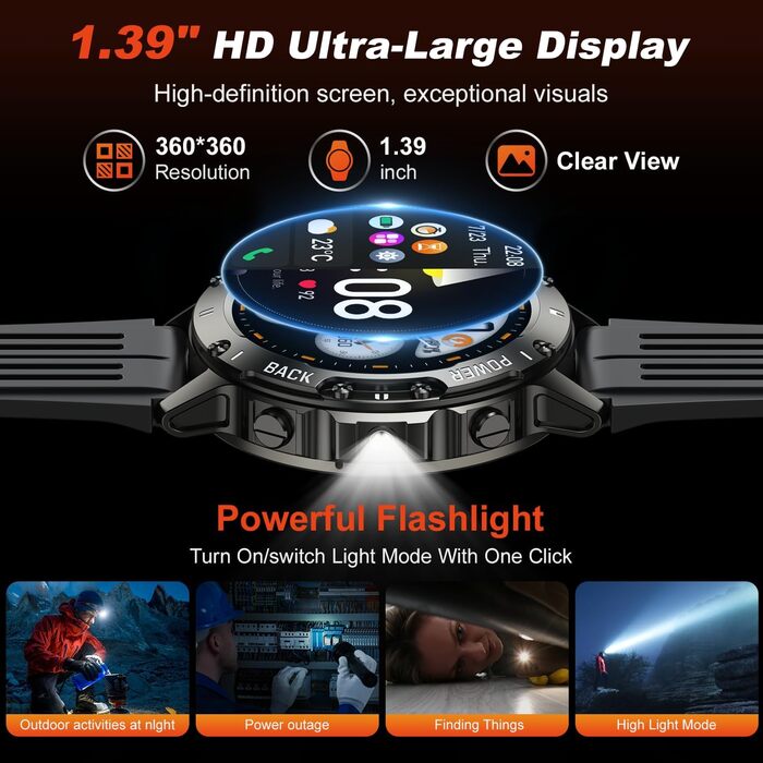 Військовий смарт-годинник для чоловіків з функцією телефону водонепроникний наручний годинник, фітнес-трекер, Bluetooth-дзвінки, смарт-годинник з монітором серцевого ритму, сну, спортивний годинник, крокомір, годинник для Android, iOS, чорний