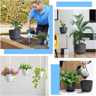 Квітковий горщик, упаковка з 6 горщиків з блюдцем, кашпо 25/23/20/18/16/13 см, квіткові горщики з дренажними отворами та лотками, набір квіткових горщиків ідеально підходить для кімнатних садів та балконів (чорний)