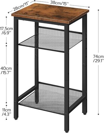 Журнальний столик HOOBRO, телефонний столик з 2 регульованими сітчастими полицями 38 x 28 x 74 см, диванний столик, журнальний столик, промисловий дизайн, темно-коричнево-чорний EBF01DH01G1 темно-коричневий - чорний