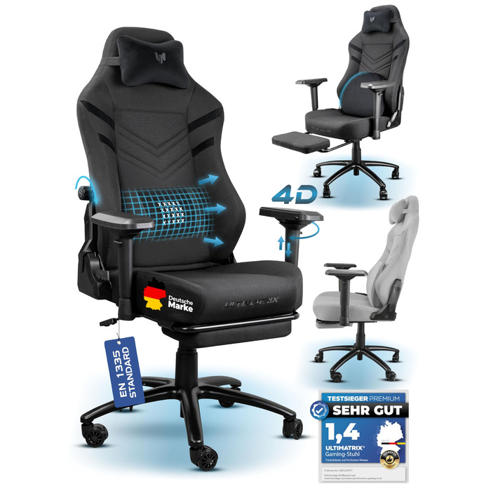 Ергономічне ігрове крісло Ultimatrix FURY ПЕРЕМОЖЕЦЬ ТЕСТУ Інтегрована поперекова підтримка, 4D підлокітники, дихаюча тканина, підставка для ніг, ігрове крісло з холодної піни, вантажопідйомність 150 кг, офісне крісло (чорне)